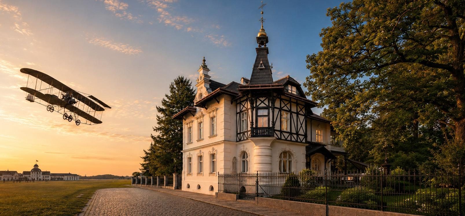 Villa Warchalowski bei Sonnenuntergang mit historischem Doppeldecker